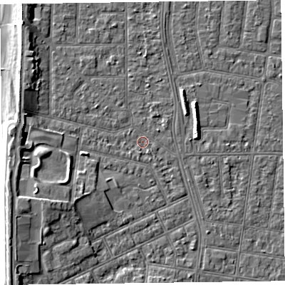 Shaded relief map of the ground around FY51JN, computed from Environment Agency LiDAR. The ground here sits at about 5 m above sea level and falls 7 m across the surrounding 800 m. Surface water reaching this point runs off ground lying to the west-south-west, 4.4 m higher.