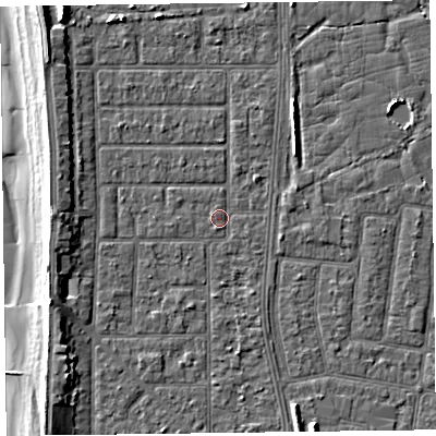 Shaded relief map of the ground around FY51JR, computed from Environment Agency LiDAR. The ground here sits at about 5 m above sea level and falls 9 m across the surrounding 800 m. Surface water reaching this point runs off ground lying to the north-east, 0.8 m higher.