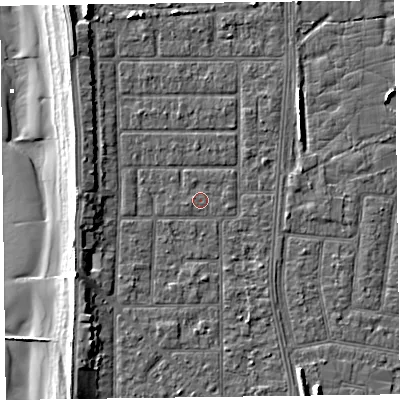 Shaded relief map of the ground around FY51JS, computed from Environment Agency LiDAR. The ground here sits at about 5 m above sea level and falls 10 m across the surrounding 800 m. Surface water reaching this point runs off ground lying to the west-south-west, 0.6 m higher.