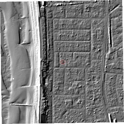 Shaded relief map of the ground around FY51JT, computed from Environment Agency LiDAR. The ground here sits at about 5 m above sea level and falls 12 m across the surrounding 800 m. Surface water reaching this point runs off ground lying to the east, 0.7 m higher.