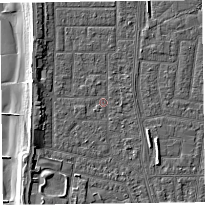 Shaded relief map of the ground around FY51JU, computed from Environment Agency LiDAR. The ground here sits at about 5 m above sea level and falls 9 m across the surrounding 800 m. Surface water reaching this point runs off ground lying to the west-south-west, 1.1 m higher.