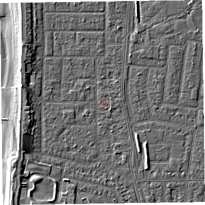 Shaded relief map of the ground around FY51JW, computed from Environment Agency LiDAR. The ground here sits at about 5 m above sea level and falls 9 m across the surrounding 800 m. Surface water reaching this point runs off ground lying to the west-north-west, 3.7 m higher.