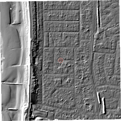 Shaded relief map of the ground around FY51JX, computed from Environment Agency LiDAR. The ground here sits at about 5 m above sea level and falls 11 m across the surrounding 800 m. Surface water reaching this point runs off ground lying to the west, 3.7 m higher.
