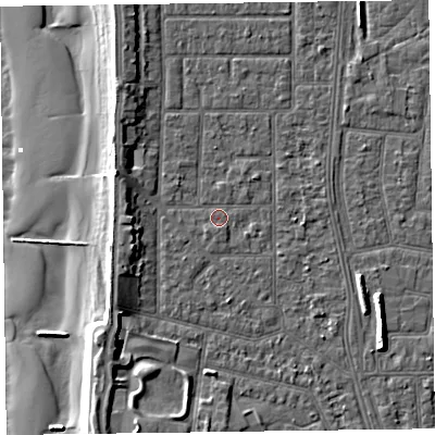 Shaded relief map of the ground around FY51JY, computed from Environment Agency LiDAR. The ground here sits at about 5 m above sea level and falls 11 m across the surrounding 800 m. Surface water reaching this point runs off ground lying to the south-west, 1.1 m higher.