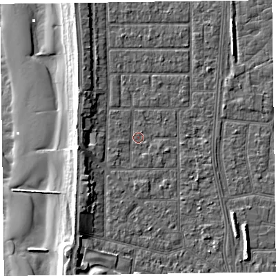 Shaded relief map of the ground around FY51JZ, computed from Environment Agency LiDAR. The ground here sits at about 5 m above sea level and falls 11 m across the surrounding 800 m. Surface water reaching this point runs off ground lying to the west, 3.7 m higher.