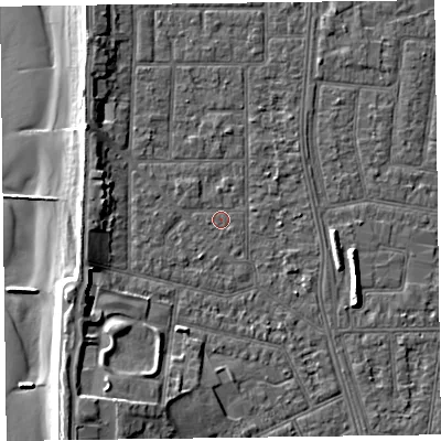 Shaded relief map of the ground around FY51LA, computed from Environment Agency LiDAR. The ground here sits at about 5 m above sea level and falls 9 m across the surrounding 800 m. Surface water reaching this point runs off ground lying to the north-west, 1.0 m higher.