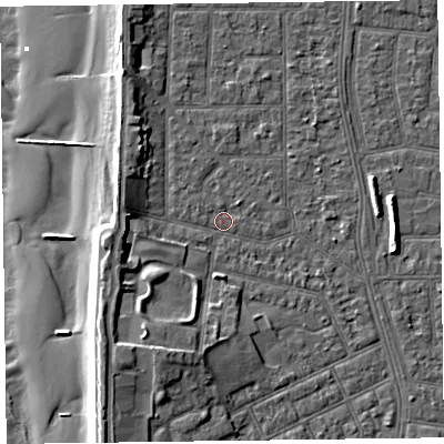 Shaded relief map of the ground around FY51LB, computed from Environment Agency LiDAR. The ground here sits at about 5 m above sea level and falls 11 m across the surrounding 800 m. Surface water reaching this point runs off ground lying to the west, 4.5 m higher.