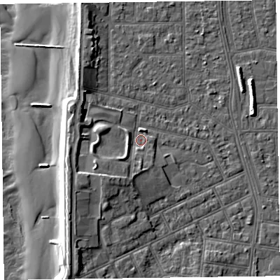 Shaded relief map of the ground around FY51LD, computed from Environment Agency LiDAR. The ground here sits at about 5 m above sea level and falls 11 m across the surrounding 800 m. Surface water reaching this point runs off ground lying to the south-west, 4.1 m higher.