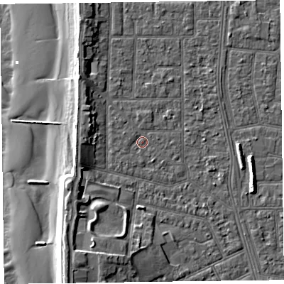 Shaded relief map of the ground around FY51LE, computed from Environment Agency LiDAR. The ground here sits at about 5 m above sea level and falls 11 m across the surrounding 800 m. Surface water reaching this point runs off ground lying to the north, 0.8 m higher.