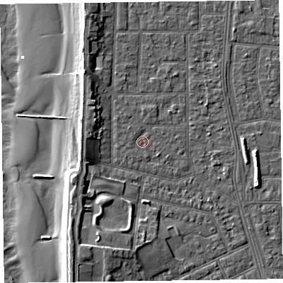 Shaded relief map of the ground around FY51LF, computed from Environment Agency LiDAR. The ground here sits at about 5 m above sea level and falls 11 m across the surrounding 800 m. Surface water reaching this point runs off ground lying to the west, 0.6 m higher.