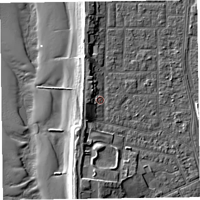 Shaded relief map of the ground around FY51LG, computed from Environment Agency LiDAR. The ground here sits at about 5 m above sea level and falls 11 m across the surrounding 800 m. Surface water reaching this point runs off ground lying to the south-west, 3.8 m higher.
