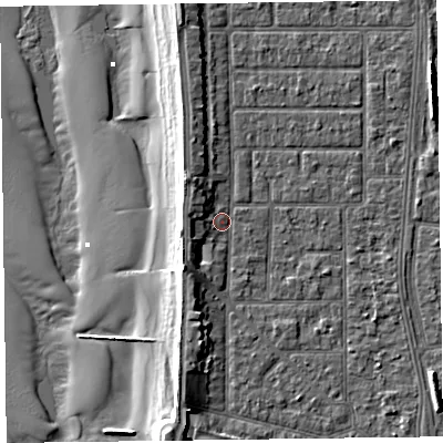 Shaded relief map of the ground around FY51LH, computed from Environment Agency LiDAR. The ground here sits at about 5 m above sea level and falls 11 m across the surrounding 800 m. Surface water reaching this point runs off ground lying to the south-west, 3.4 m higher.