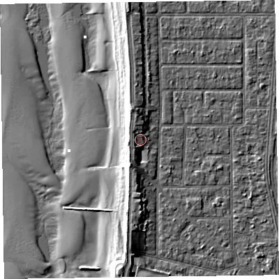 Shaded relief map of the ground around FY51LL, computed from Environment Agency LiDAR. The ground here sits at about 6 m above sea level and falls 12 m across the surrounding 800 m. Surface water reaching this point runs off ground lying to the north-north-west, 2.5 m higher.