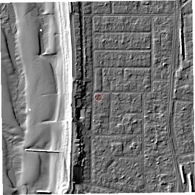 Shaded relief map of the ground around FY51LQ, computed from Environment Agency LiDAR. The ground here sits at about 5 m above sea level and falls 11 m across the surrounding 800 m. Surface water reaching this point runs off ground lying to the south-west, 3.4 m higher.