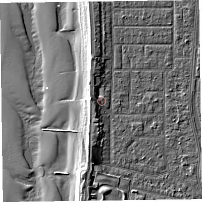 Shaded relief map of the ground around FY51LT, computed from Environment Agency LiDAR. The ground here sits at about 6 m above sea level and falls 11 m across the surrounding 800 m. Surface water reaching this point runs off ground lying to the south-south-west, 3.0 m higher.