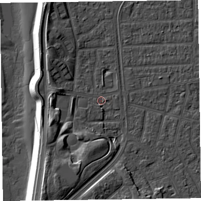 Shaded relief map of the ground around FY51LX, computed from Environment Agency LiDAR. The ground here sits at about 4 m above sea level and falls 14 m across the surrounding 800 m. Surface water reaching this point runs off ground lying to the south-south-west, 8.6 m higher.