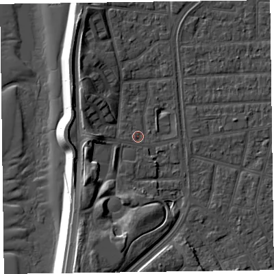 Shaded relief map of the ground around FY51LY, computed from Environment Agency LiDAR. The ground here sits at about 5 m above sea level and falls 14 m across the surrounding 800 m. Surface water reaching this point runs off ground lying to the south-south-west, 7.9 m higher.