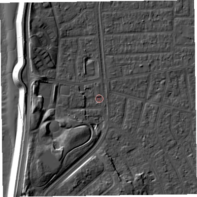 Shaded relief map of the ground around FY51LZ, computed from Environment Agency LiDAR. The ground here sits at about 4 m above sea level and falls 13 m across the surrounding 800 m. Surface water reaching this point runs off ground lying to the south-west, 9.3 m higher.
