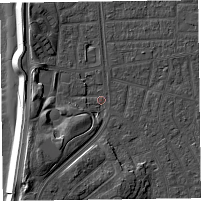 Shaded relief map of the ground around FY51NA, computed from Environment Agency LiDAR. The ground here sits at about 4 m above sea level and falls 13 m across the surrounding 800 m. Surface water reaching this point runs off ground lying to the south-west, 9.3 m higher.