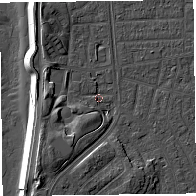 Shaded relief map of the ground around FY51NB, computed from Environment Agency LiDAR. The ground here sits at about 4 m above sea level and falls 14 m across the surrounding 800 m. Surface water reaching this point runs off ground lying to the south-west, 9.3 m higher.