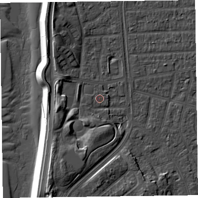 Shaded relief map of the ground around FY51ND, computed from Environment Agency LiDAR. The ground here sits at about 5 m above sea level and falls 14 m across the surrounding 800 m. Surface water reaching this point runs off ground lying to the west, 0.5 m higher.