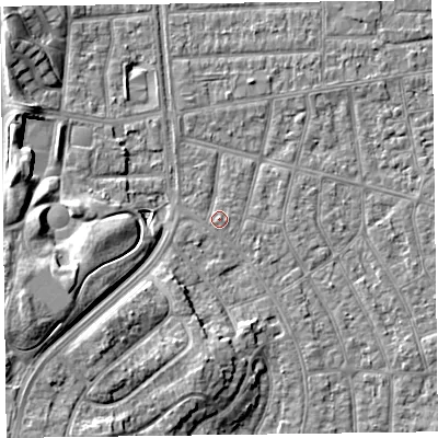 Shaded relief map of the ground around FY51NG, computed from Environment Agency LiDAR. The ground here sits at about 4 m above sea level and falls 10 m across the surrounding 800 m. Surface water reaching this point runs off ground lying to the north-east, 0.8 m higher.