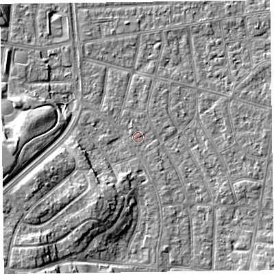 Shaded relief map of the ground around FY51NH, computed from Environment Agency LiDAR. The ground here sits at about 4 m above sea level and falls 9 m across the surrounding 800 m. Surface water reaching this point runs off ground lying to the west-south-west, 6.4 m higher.