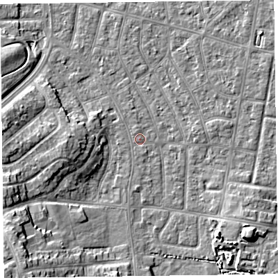 Shaded relief map of the ground around FY51NJ, computed from Environment Agency LiDAR. The ground here sits at about 4 m above sea level and falls 11 m across the surrounding 800 m. Surface water reaching this point runs off ground lying to the south-west, 10.1 m higher.