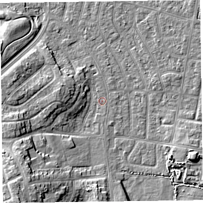 Shaded relief map of the ground around FY51NL, computed from Environment Agency LiDAR. The ground here sits at about 4 m above sea level and falls 11 m across the surrounding 800 m. Surface water reaching this point runs off ground lying to the south-west, 10.1 m higher.