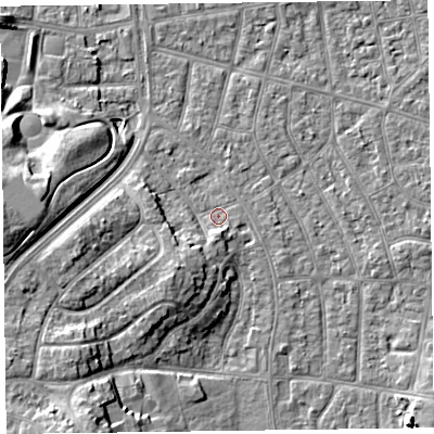 Shaded relief map of the ground around FY51NN, computed from Environment Agency LiDAR. The ground here sits at about 4 m above sea level and falls 9 m across the surrounding 800 m. Surface water reaching this point runs off ground lying to the south-west, 5.3 m higher.