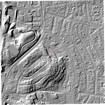 Shaded relief map of the ground around FY51NP, computed from Environment Agency LiDAR. The ground here sits at about 5 m above sea level and falls 9 m across the surrounding 800 m. Surface water reaching this point runs off ground lying to the south-west, 7.2 m higher.