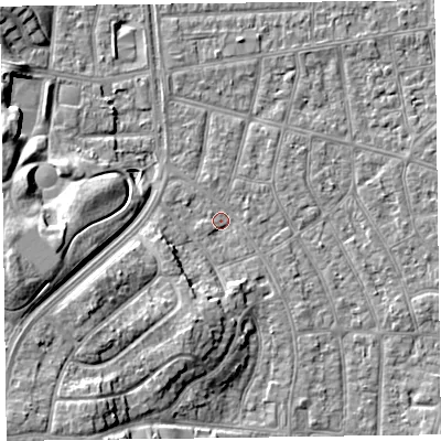 Shaded relief map of the ground around FY51NQ, computed from Environment Agency LiDAR. The ground here sits at about 4 m above sea level and falls 10 m across the surrounding 800 m. Surface water reaching this point runs off ground lying to the south-west, 7.4 m higher.