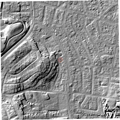 Shaded relief map of the ground around FY51NU, computed from Environment Agency LiDAR. The ground here sits at about 4 m above sea level and falls 11 m across the surrounding 800 m. Surface water reaching this point runs off ground lying to the south-south-west, 9.9 m higher.