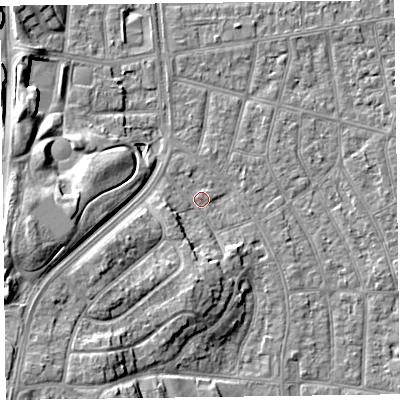 Shaded relief map of the ground around FY51NW, computed from Environment Agency LiDAR. The ground here sits at about 4 m above sea level and falls 10 m across the surrounding 800 m. Surface water reaching this point runs off ground lying to the south-west, 7.5 m higher.