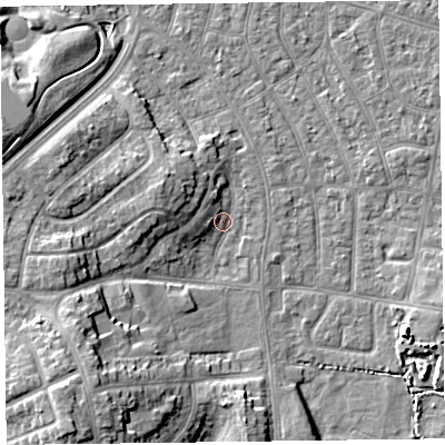 Shaded relief map of the ground around FY51NX, computed from Environment Agency LiDAR. The ground here sits at about 4 m above sea level and falls 11 m across the surrounding 800 m. Surface water reaching this point runs off ground lying to the west-north-west, 5.4 m higher.