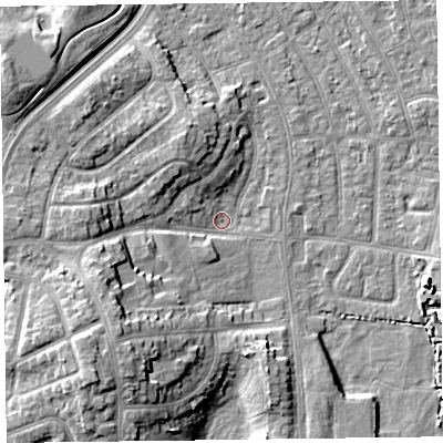 Shaded relief map of the ground around FY51NY, computed from Environment Agency LiDAR. The ground here sits at about 4 m above sea level and falls 11 m across the surrounding 800 m. Surface water reaching this point runs off ground lying to the south-west, 10.5 m higher.