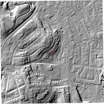 Shaded relief map of the ground around FY51PA, computed from Environment Agency LiDAR. The ground here sits at about 6 m above sea level and falls 11 m across the surrounding 800 m. Surface water reaching this point runs off ground lying to the north-west, 5.4 m higher.
