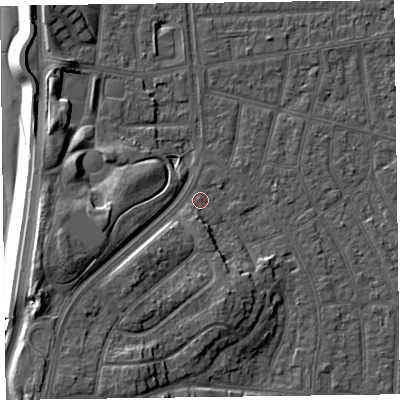 Shaded relief map of the ground around FY51PJ, computed from Environment Agency LiDAR. The ground here sits at about 5 m above sea level and falls 13 m across the surrounding 800 m. Surface water reaching this point runs off ground lying to the south-west, 6.8 m higher.