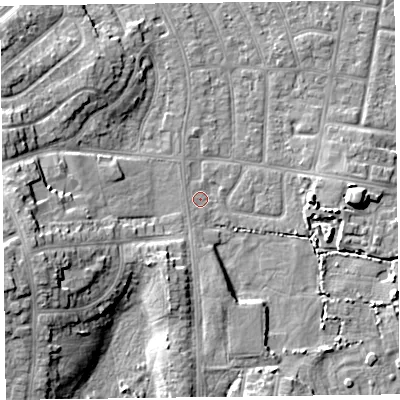 Shaded relief map of the ground around FY51RA, computed from Environment Agency LiDAR. The ground here sits at about 4 m above sea level and falls 11 m across the surrounding 800 m. Surface water reaching this point runs off ground lying to the south-south-west, 0.9 m higher.