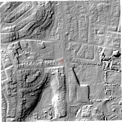 Shaded relief map of the ground around FY51RB, computed from Environment Agency LiDAR. The ground here sits at about 5 m above sea level and falls 11 m across the surrounding 800 m. Surface water reaching this point runs off ground lying to the west-south-west, 9.1 m higher.