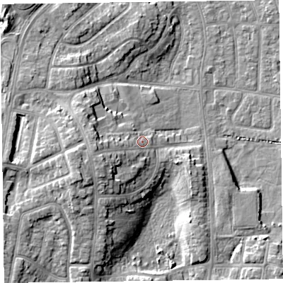 Shaded relief map of the ground around FY51RF, computed from Environment Agency LiDAR. The ground here sits at about 8 m above sea level and falls 11 m across the surrounding 800 m. Surface water reaching this point runs off ground lying to the west-south-west, 5.4 m higher.