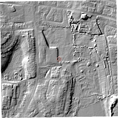 Shaded relief map of the ground around FY51RN, computed from Environment Agency LiDAR. The ground here sits at about 4 m above sea level and falls 8 m across the surrounding 800 m. Surface water reaching this point runs off ground lying to the south, 4.5 m higher.