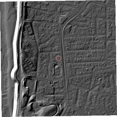 Shaded relief map of the ground around FY51SL, computed from Environment Agency LiDAR. The ground here sits at about 4 m above sea level and falls 12 m across the surrounding 800 m. Surface water reaching this point runs off ground lying to the west-south-west, 6.0 m higher.
