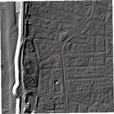 Shaded relief map of the ground around FY51SN, computed from Environment Agency LiDAR. The ground here sits at about 4 m above sea level and falls 11 m across the surrounding 800 m. Surface water reaching this point runs off ground lying to the west-south-west, 1.6 m higher.