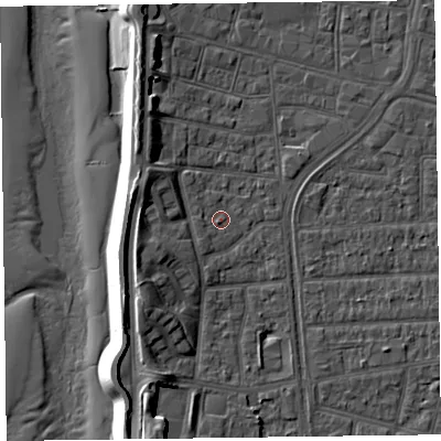 Shaded relief map of the ground around FY51SP, computed from Environment Agency LiDAR. The ground here sits at about 5 m above sea level and falls 11 m across the surrounding 800 m. Surface water reaching this point runs off ground lying to the west-north-west, 5.6 m higher.