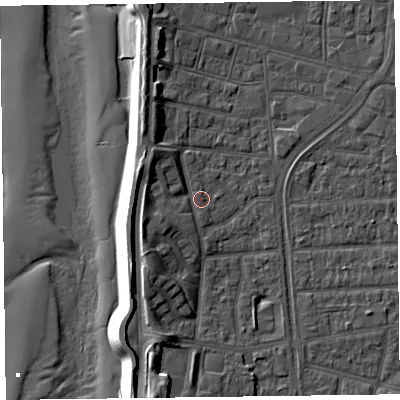 Shaded relief map of the ground around FY51SR, computed from Environment Agency LiDAR. The ground here sits at about 5 m above sea level and falls 12 m across the surrounding 800 m. Surface water reaching this point runs off ground lying to the south-south-west, 5.3 m higher.