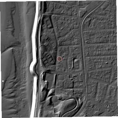Shaded relief map of the ground around FY51SS, computed from Environment Agency LiDAR. The ground here sits at about 5 m above sea level and falls 13 m across the surrounding 800 m. Surface water reaching this point runs off ground lying to the south-west, 4.7 m higher.