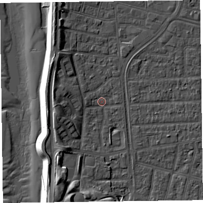 Shaded relief map of the ground around FY51ST, computed from Environment Agency LiDAR. The ground here sits at about 5 m above sea level and falls 12 m across the surrounding 800 m. Surface water reaching this point runs off ground lying to the west-north-west, 2.3 m higher.