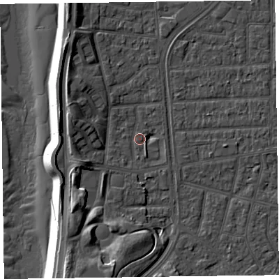 Shaded relief map of the ground around FY51SU, computed from Environment Agency LiDAR. The ground here sits at about 4 m above sea level and falls 13 m across the surrounding 800 m. Surface water reaching this point runs off ground lying to the west-south-west, 4.9 m higher.