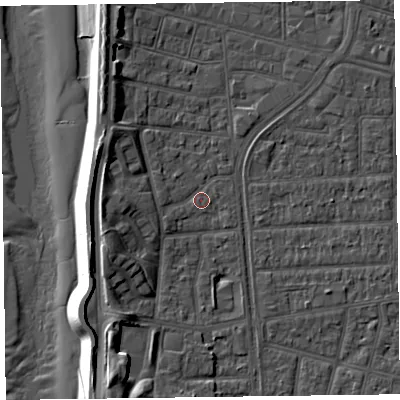 Shaded relief map of the ground around FY51SW, computed from Environment Agency LiDAR. The ground here sits at about 5 m above sea level and falls 12 m across the surrounding 800 m. Surface water reaching this point runs off ground lying to the west-south-west, 1.4 m higher.